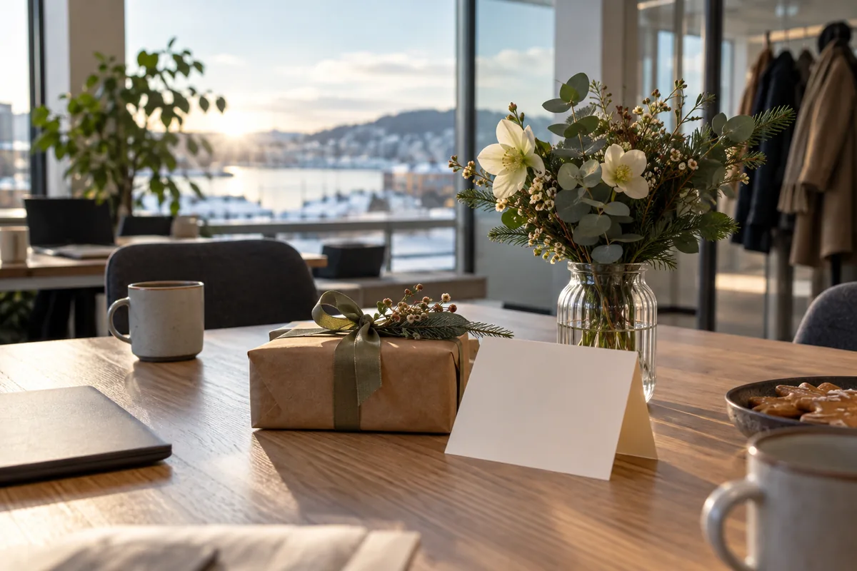 Liten innpakket gave og blomster på et bord på jobben