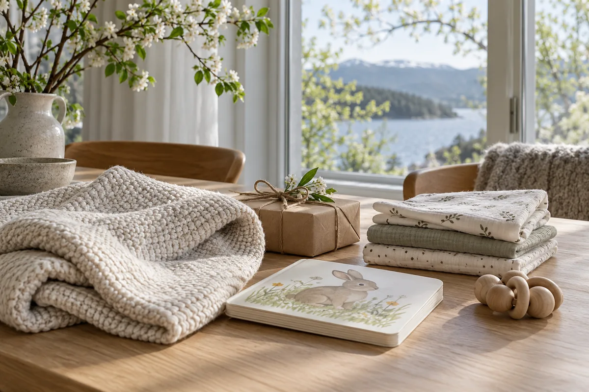 Babyteppe, bok og liten gave på et lyst bord
