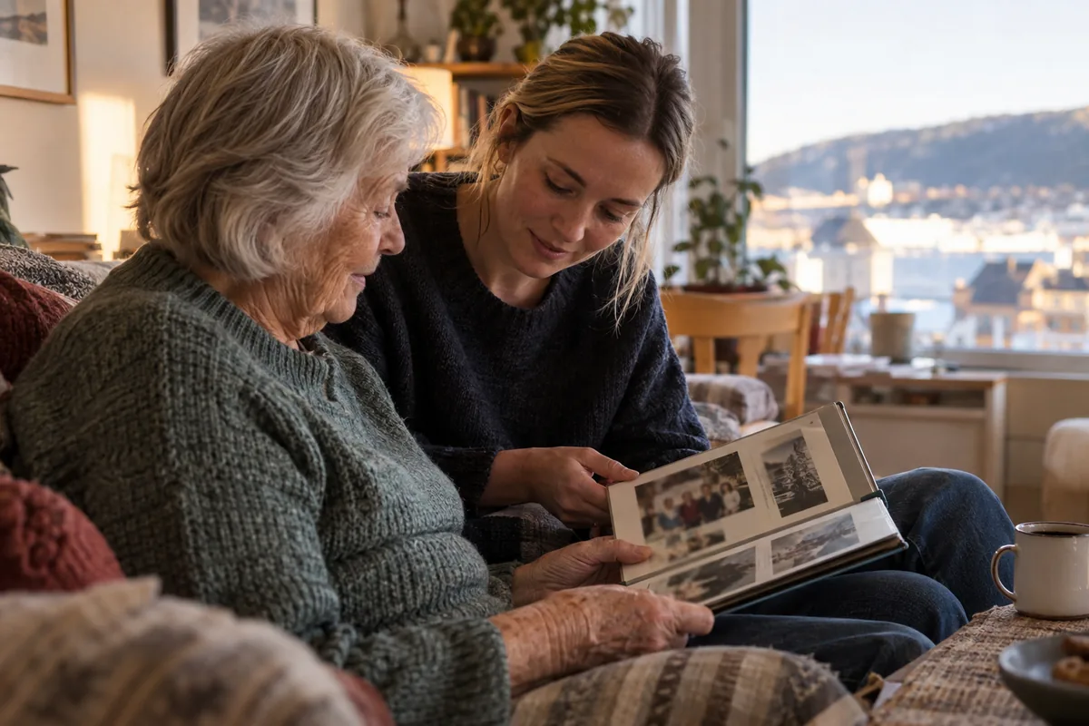 En eldre og en yngre person ser i en fotobok sammen