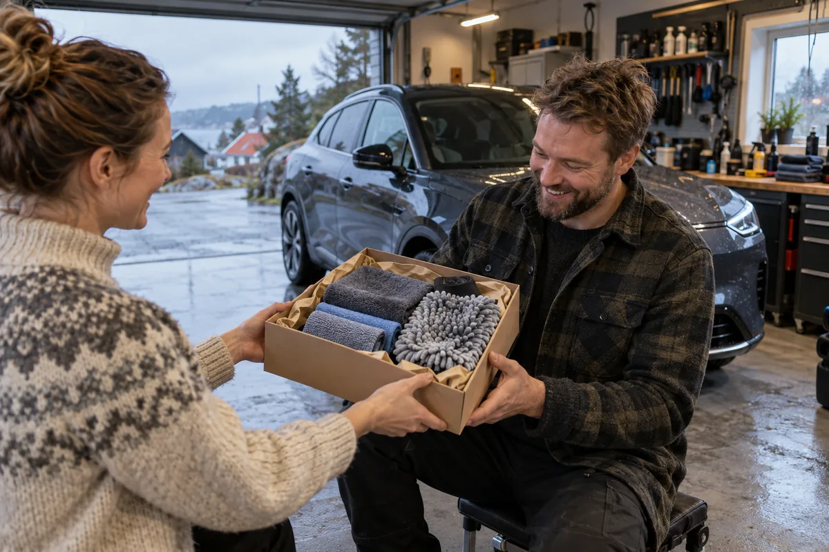 En bilinteressert får bilpleieutstyr i gave i en garasje