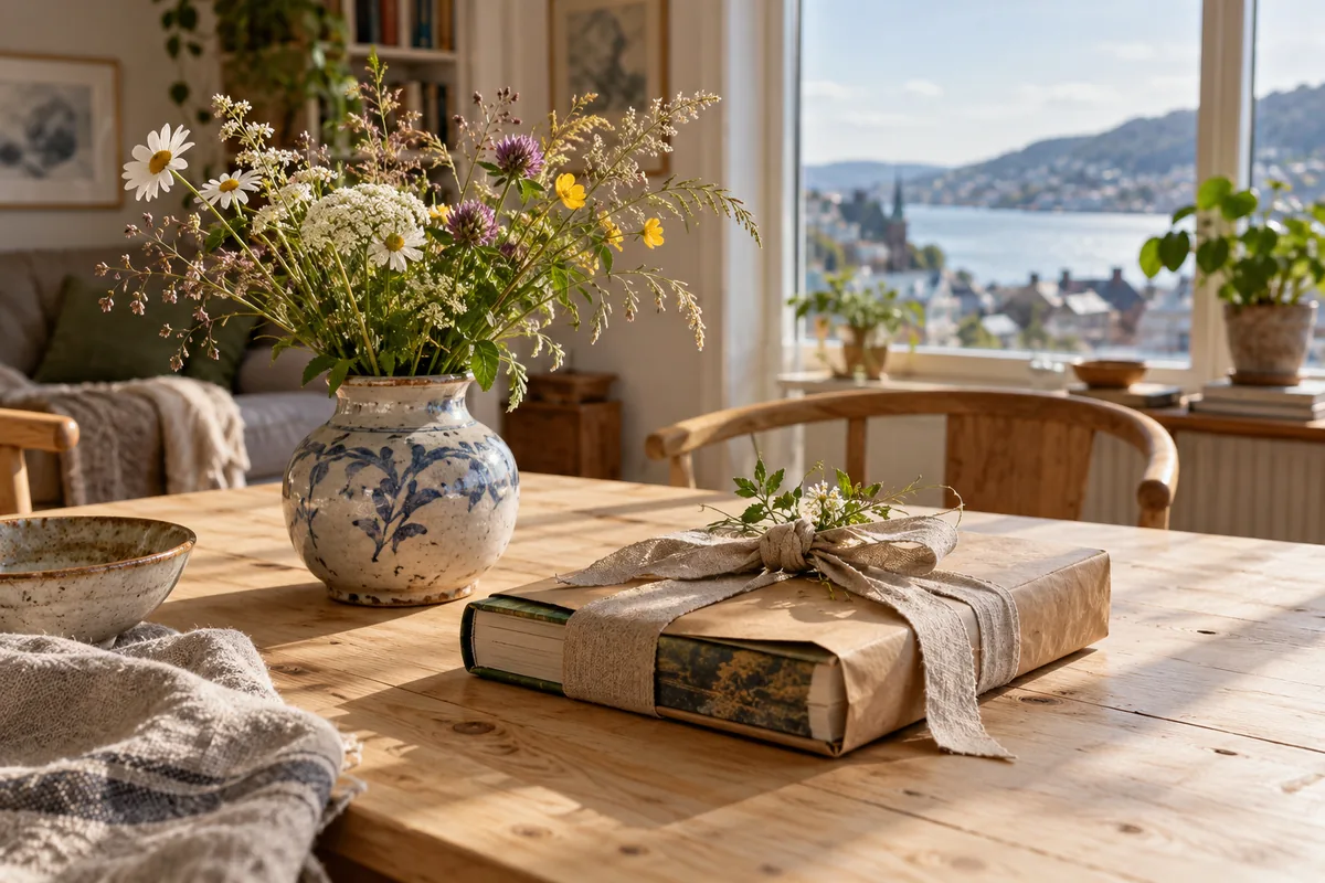 En brukt bok er pakket som gave ved siden av en vase med markblomster