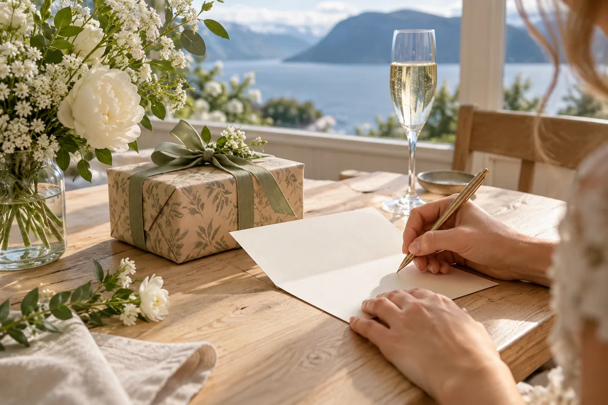 En person skriver et bryllupskort ved siden av gave og blomster