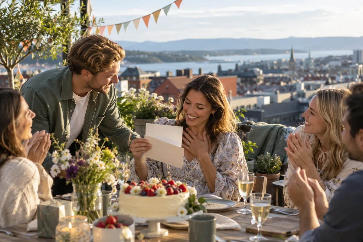 Venner gir et kort til jubilanten ved en sommerlig bursdagsfeiring