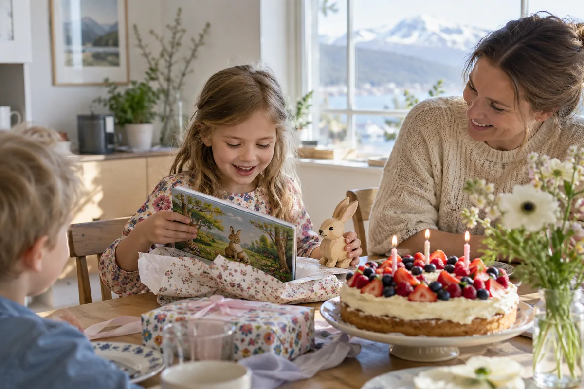 Et barn åpner en bildebok ved bursdagskake og familie