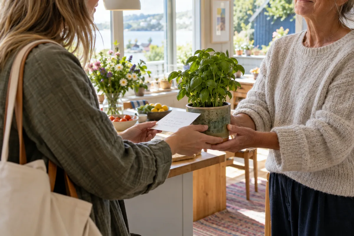 En voksen gir en forelder en krydderplante og et kort