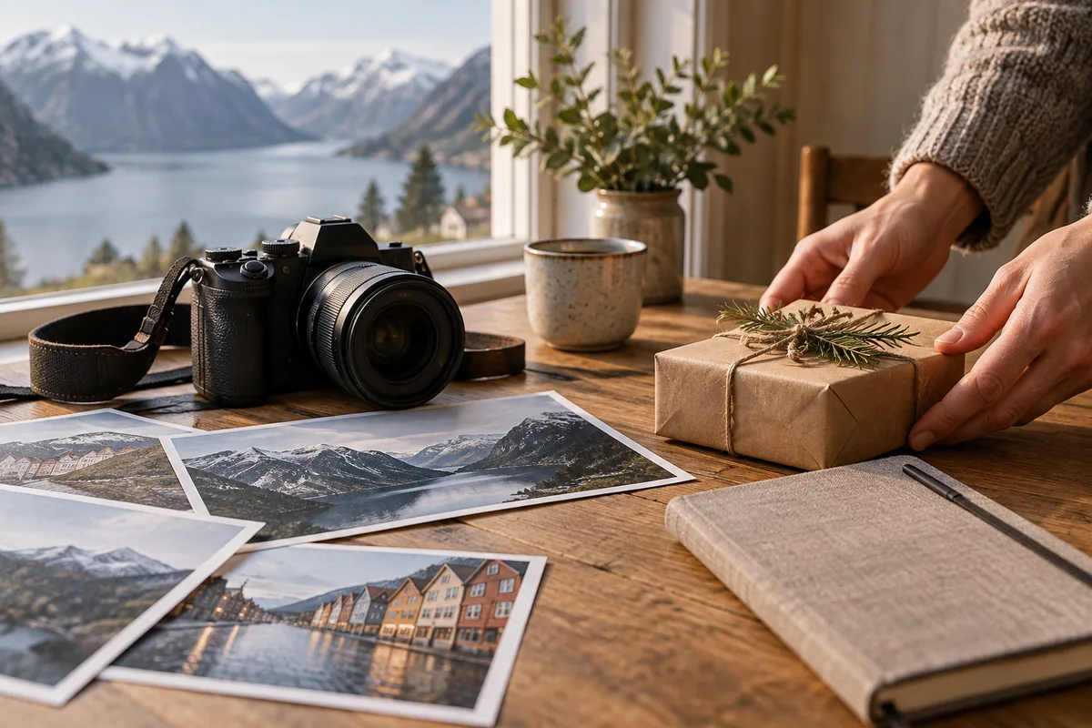 Kamera, norske landskapsbilder og en innpakket gave på et bord