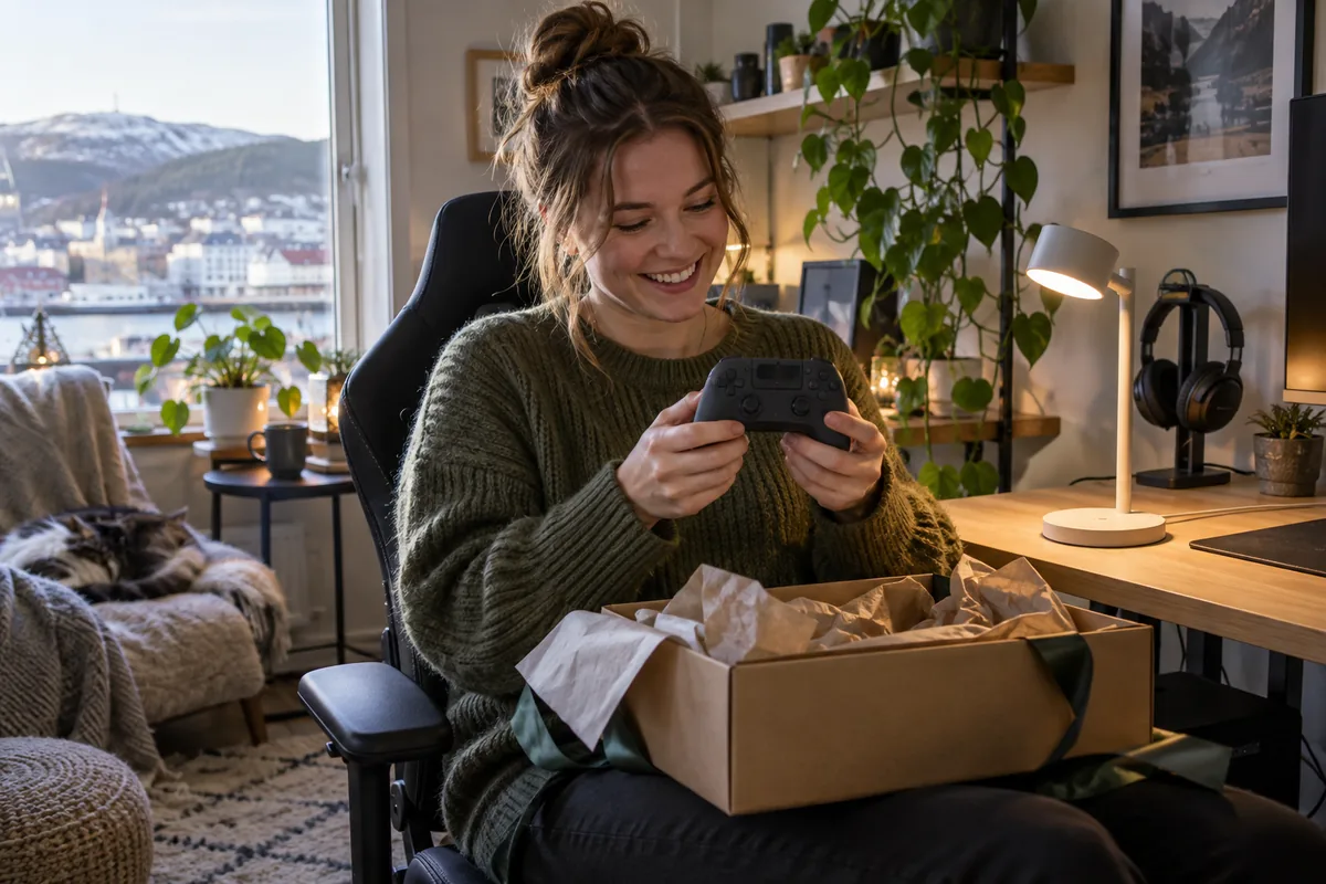 En spillinteressert kvinne åpner en kontroller i gave hjemme