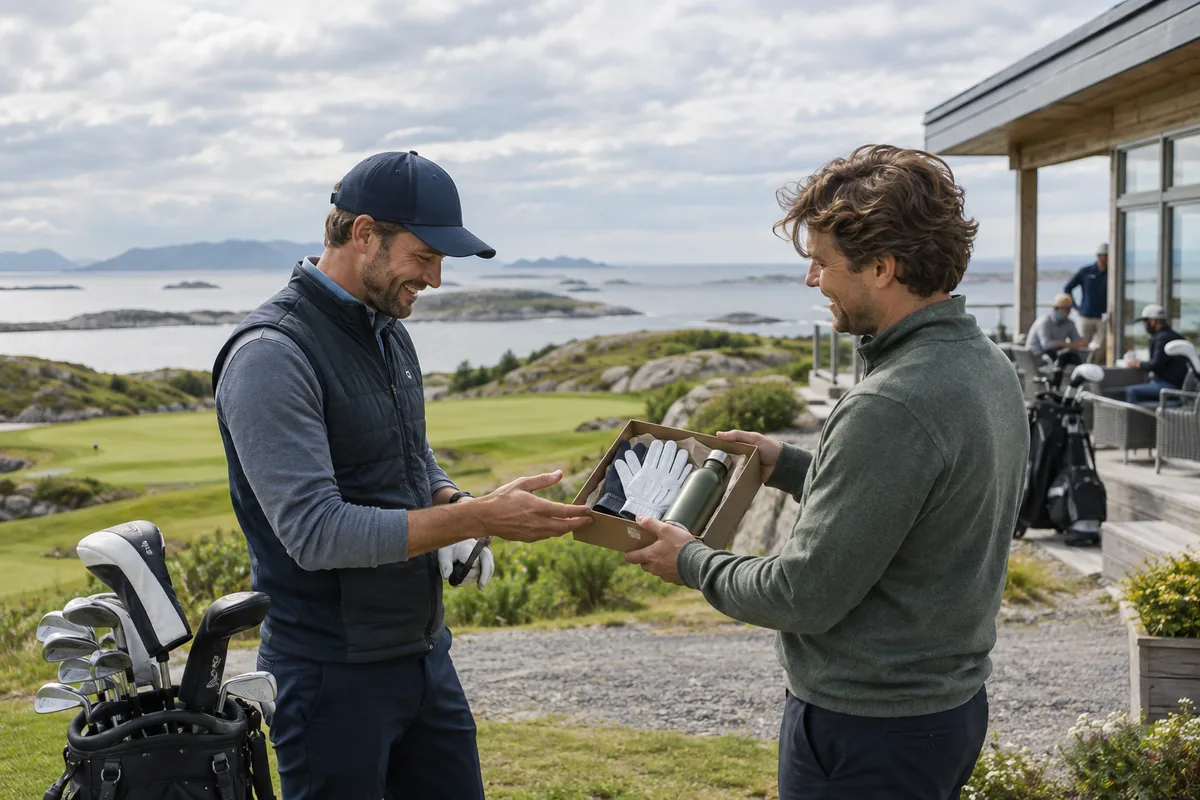En golfspiller får hansker og drikkeflaske i gave ved banen