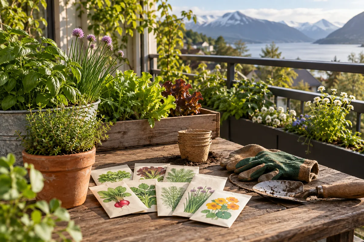Frøposer og hageredskaper på en norsk balkong