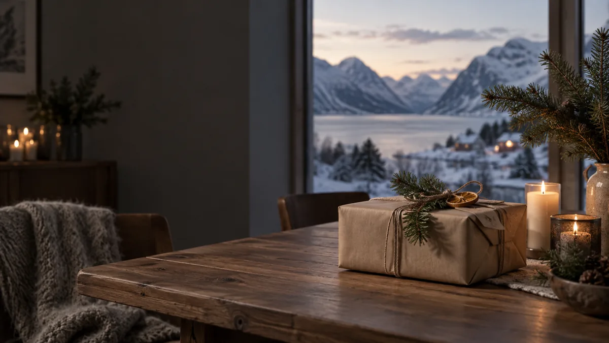 Innpakket julegave i et norsk vinterlandskap