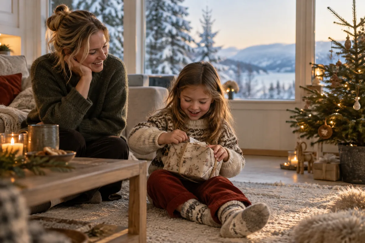 Et barn åpner en julegave ved treet med en voksen ved siden av