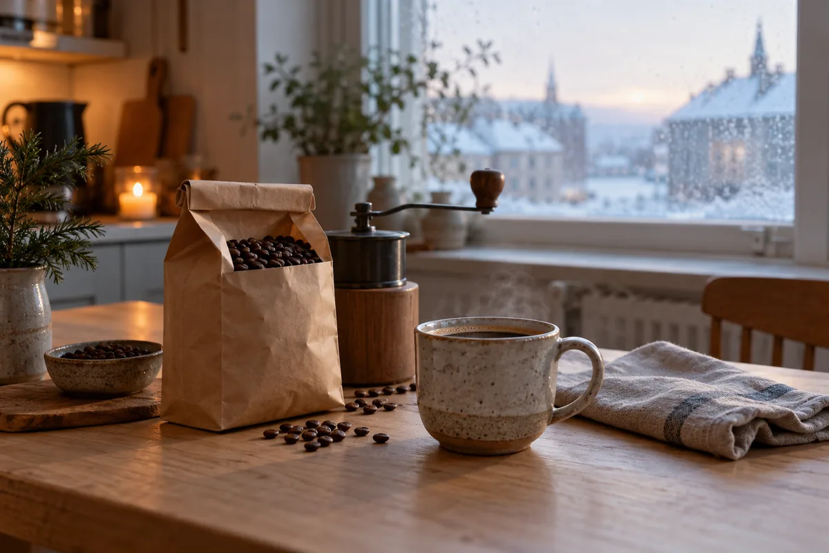 Kaffebønner, kvern og kopp ved et vintervindu
