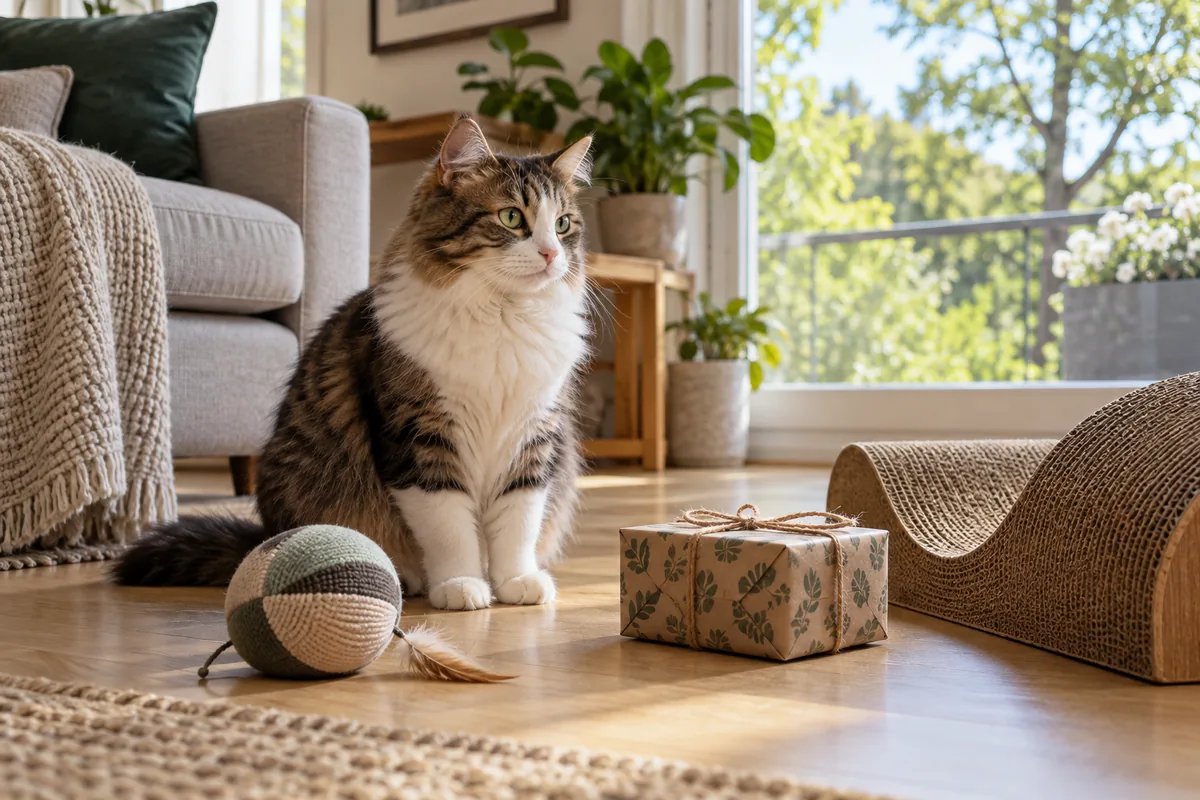 Katt ved en liten gave, leke og klorebrett