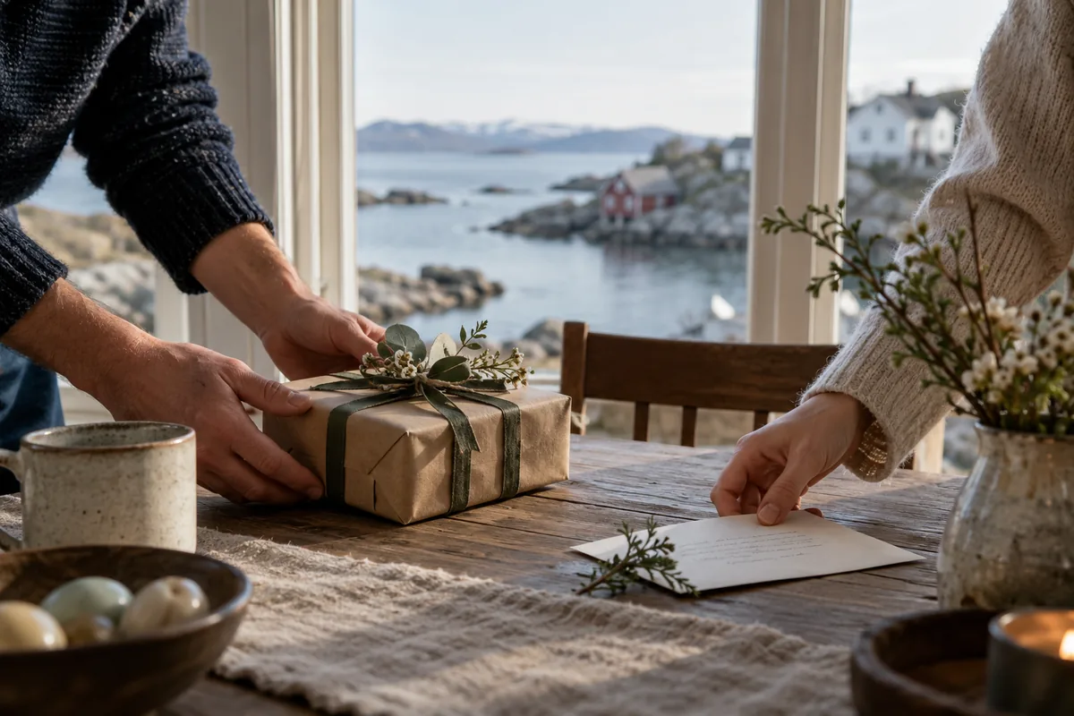 To partnere gir hverandre en gave ved et kystvindu