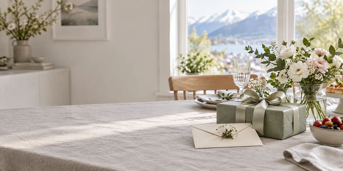 En gave på et lyst vårdekket konfirmasjonsbord