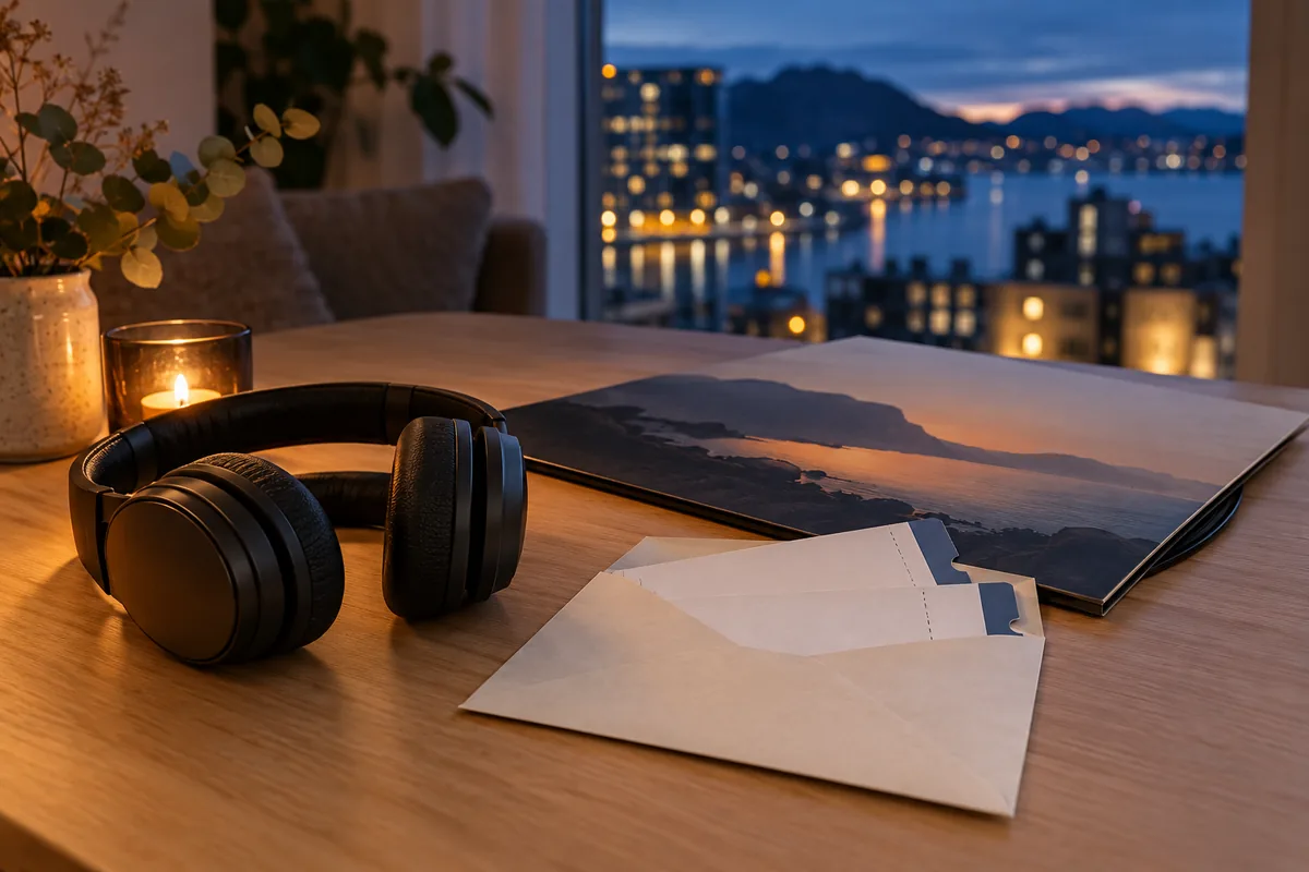 Konsertbilletter og hodetelefoner på et bord