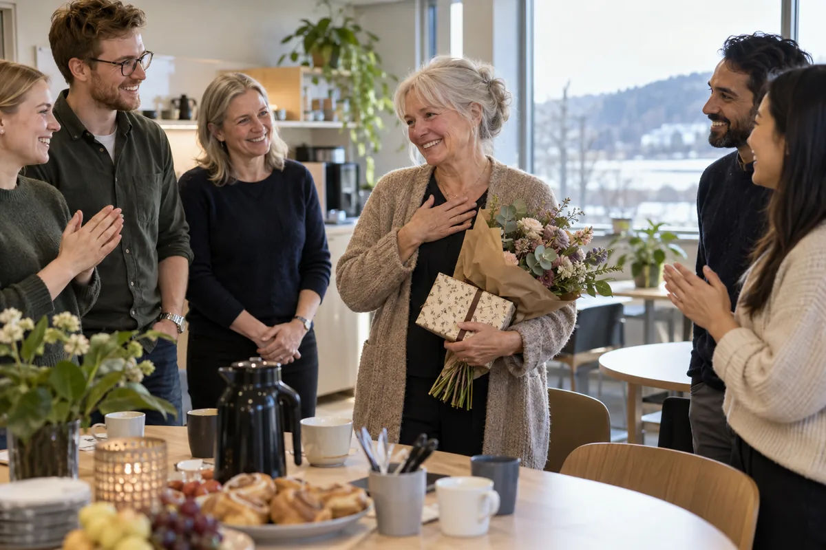 En kollega får blomster og gave av arbeidslaget ved avskjed
