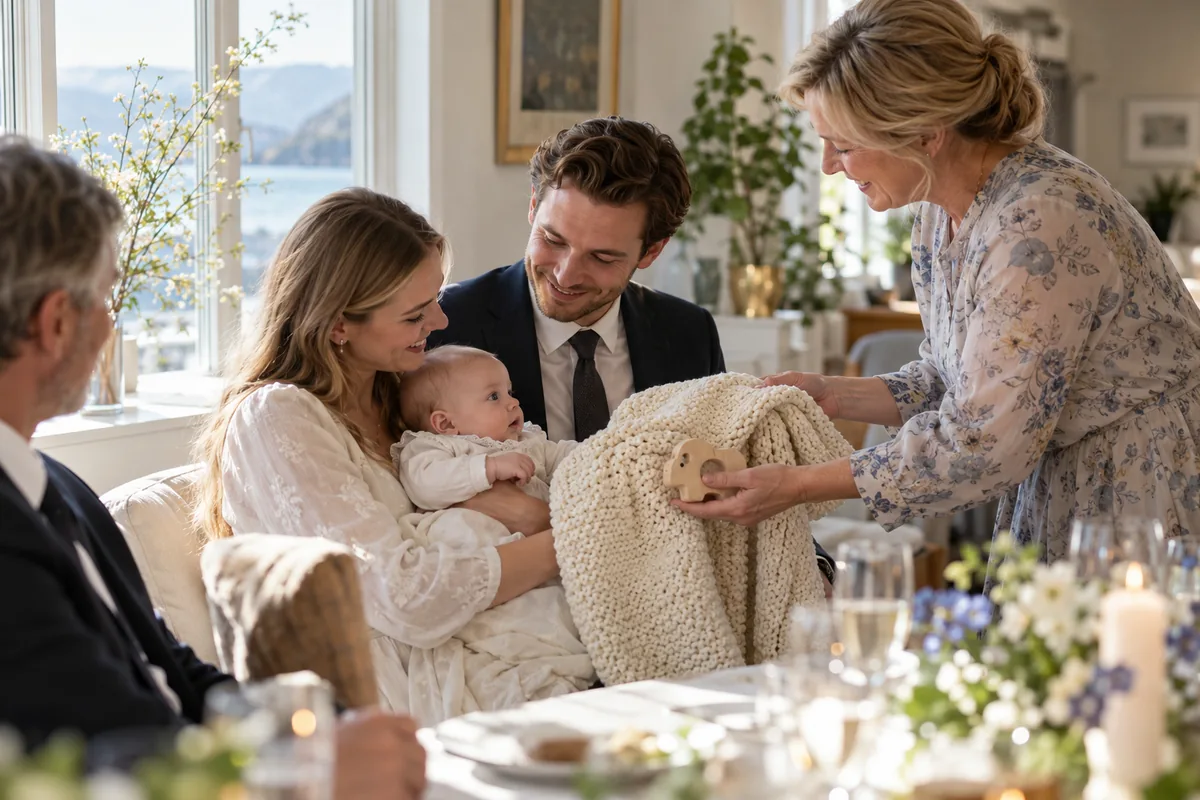Foreldre med baby får et hjemmestrikket teppe i gave