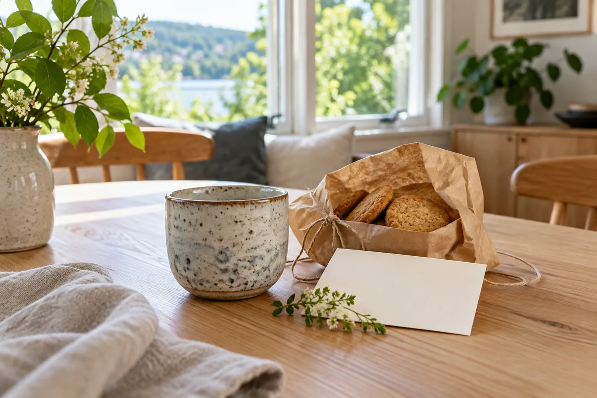 En enkel gave med kopp, kjeks og kort på et bord