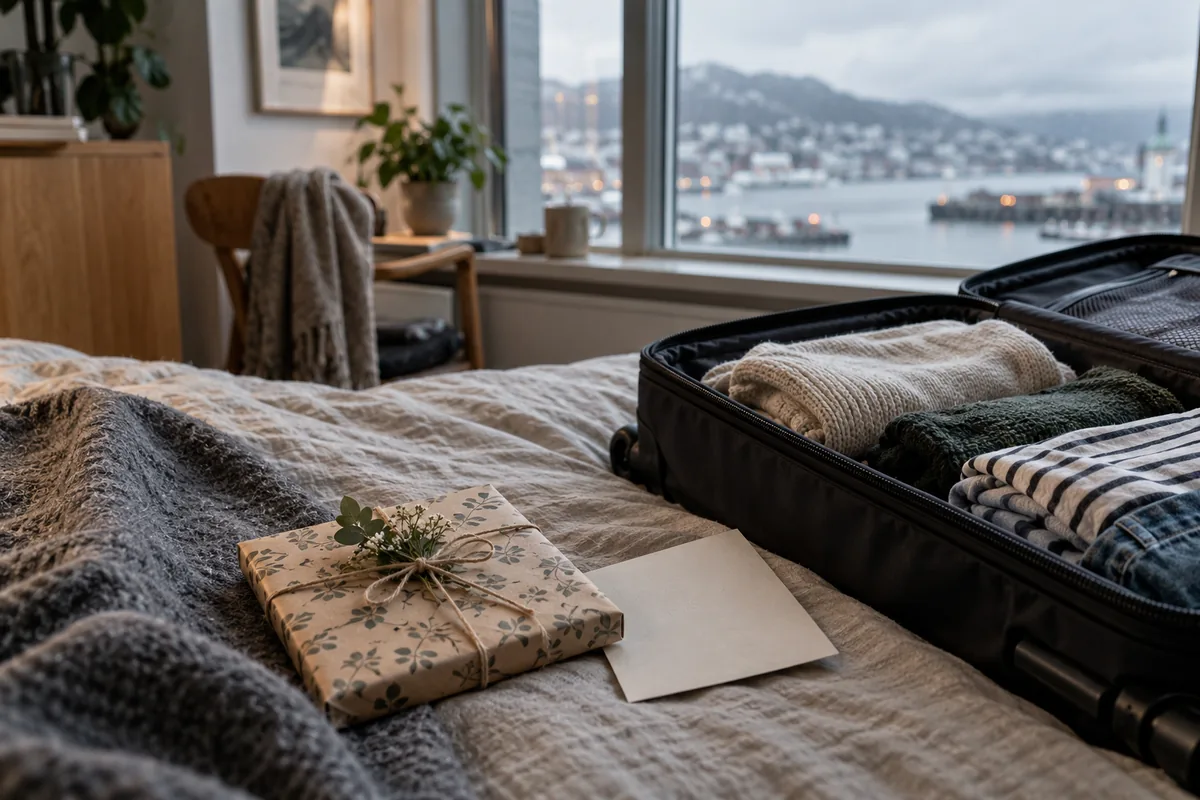 En liten gave ligger klar ved siden av en pakket koffert