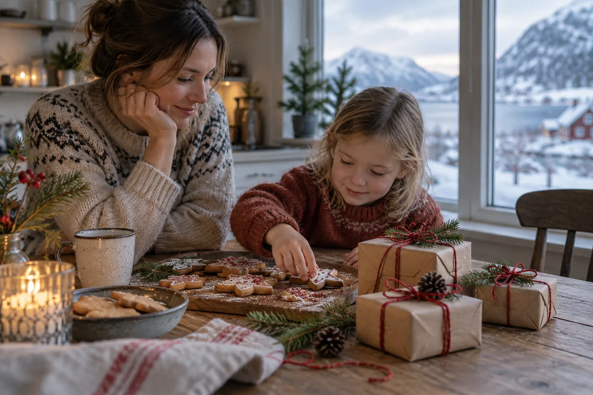 Små innpakkede julegaver og hjemmebakst ved et vintervindu