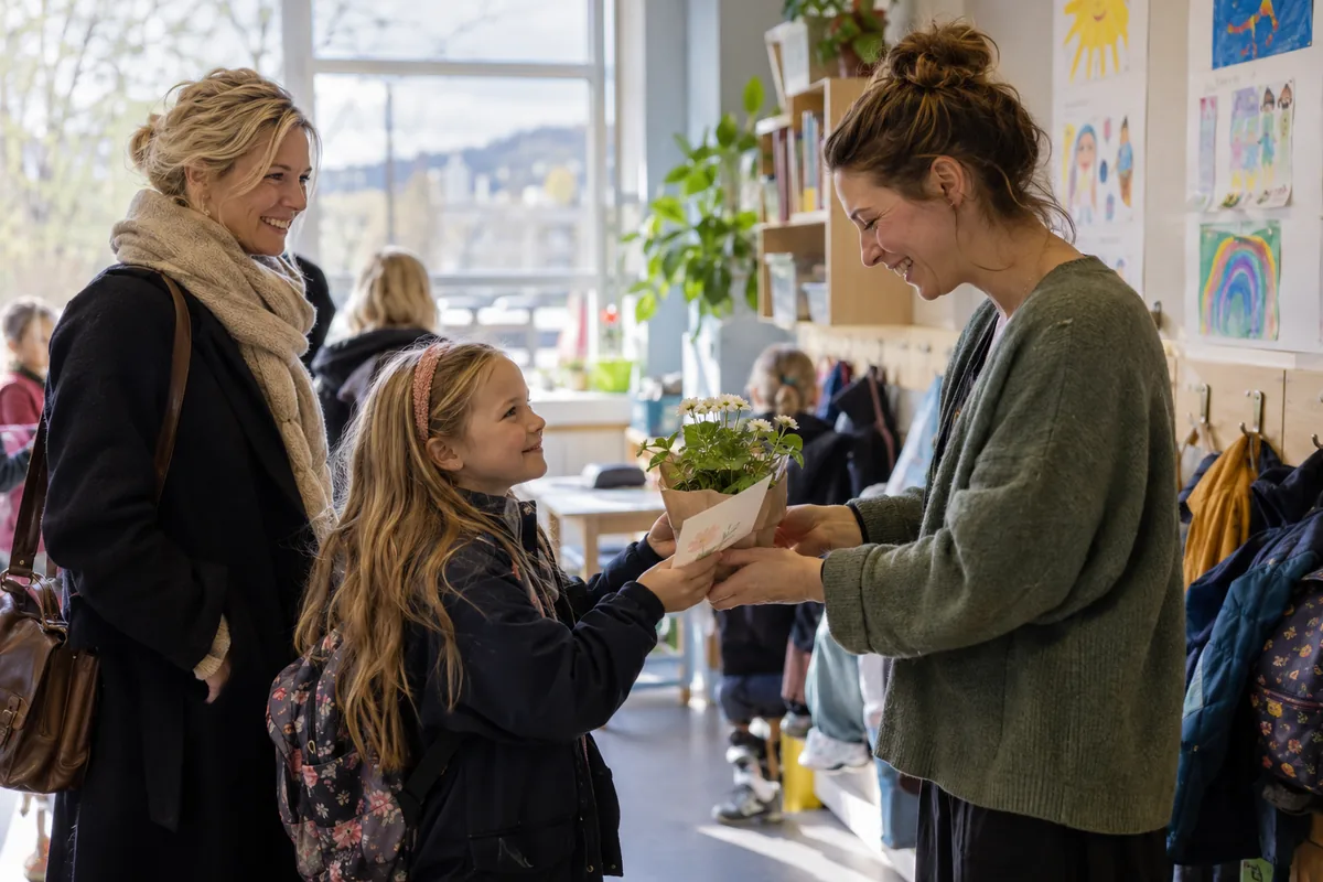 Et barn gir læreren sin en plante og et kort i klasserommet