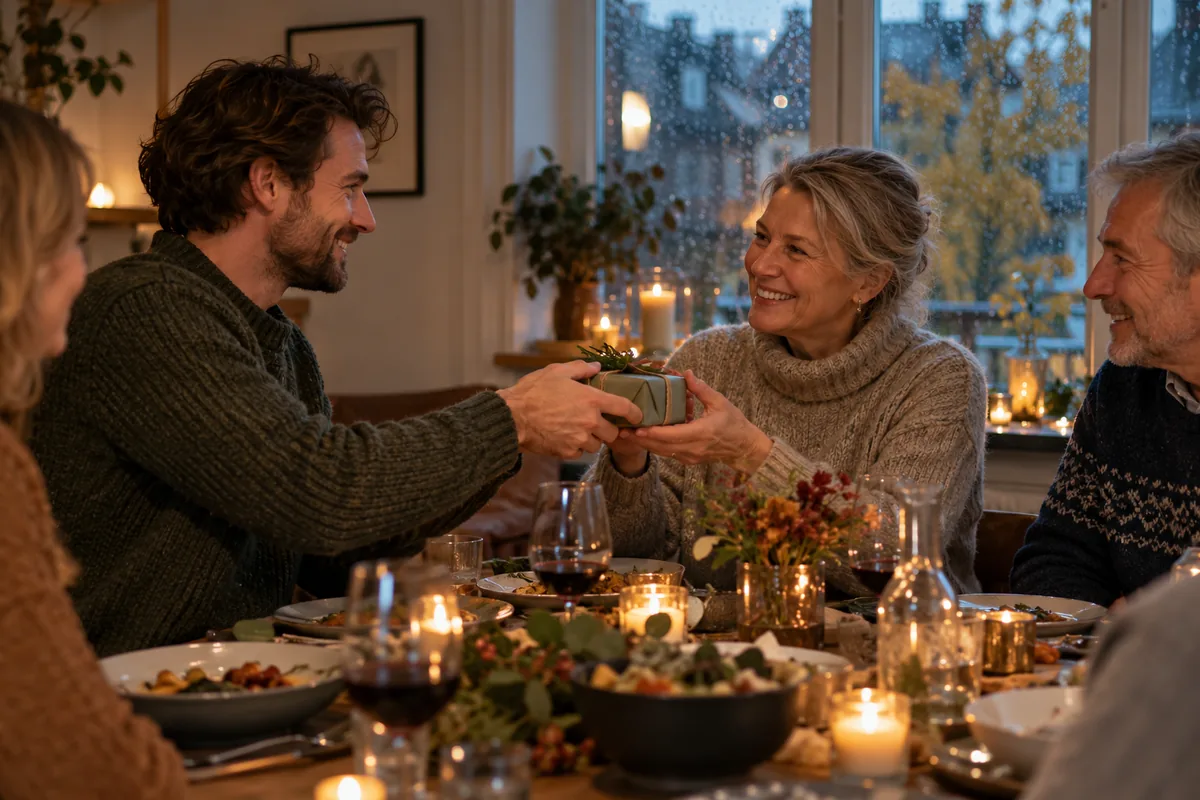 En person gir en gave til svigerfamilien ved middagsbordet