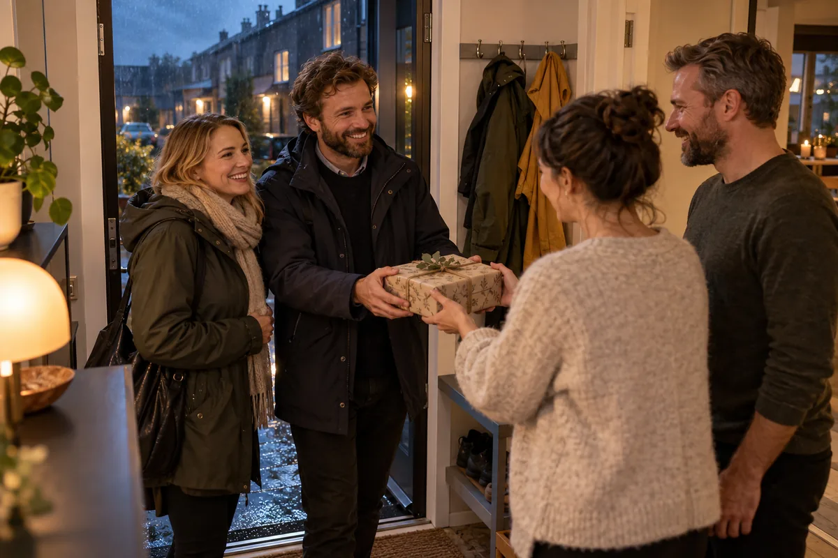 Gjester gir en gave til vertskapet ved døren en regnfull kveld
